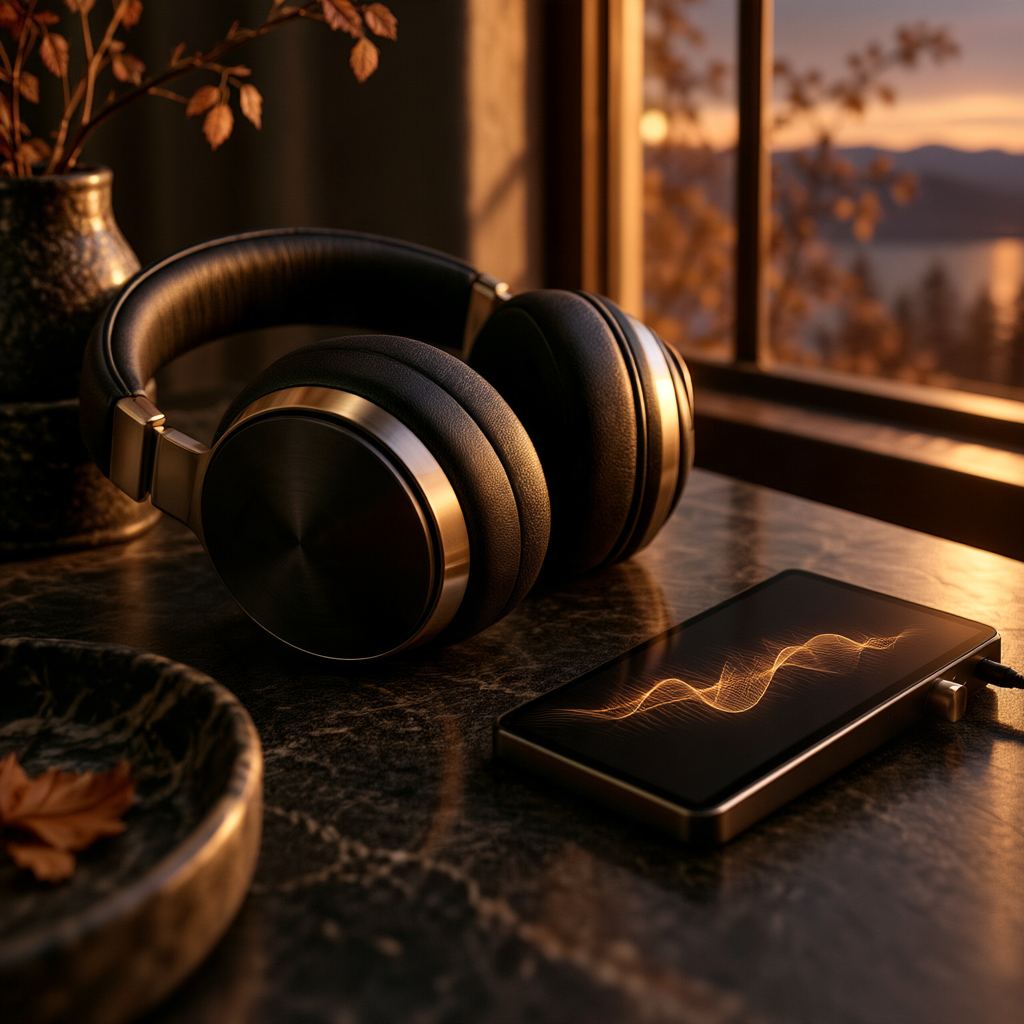 Over-ear headphones in warm amber light